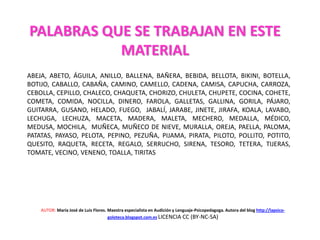 PALABRAS QUE SE TRABAJAN EN ESTE
MATERIAL
AUTOR: María José de Luis Flores. Maestra especialista en Audición y Lenguaje-Psicopedagoga. Autora del blog http://lapsico-
goloteca.blogspot.com.es LICENCIA CC (BY-NC-SA)
ABEJA, ABETO, ÁGUILA, ANILLO, BALLENA, BAÑERA, BEBIDA, BELLOTA, BIKINI, BOTELLA,
BOTIJO, CABALLO, CABAÑA, CAMINO, CAMELLO, CADENA, CAMISA, CAPUCHA, CARROZA,
CEBOLLA, CEPILLO, CHALECO, CHAQUETA, CHORIZO, CHULETA, CHUPETE, COCINA, COHETE,
COMETA, COMIDA, NOCILLA, DINERO, FAROLA, GALLETAS, GALLINA, GORILA, PÁJARO,
GUITARRA, GUSANO, HELADO, FUEGO, JABALÍ, JARABE, JINETE, JIRAFA, KOALA, LAVABO,
LECHUGA, LECHUZA, MACETA, MADERA, MALETA, MECHERO, MEDALLA, MÉDICO,
MEDUSA, MOCHILA, MUÑECA, MUÑECO DE NIEVE, MURALLA, OREJA, PAELLA, PALOMA,
PATATAS, PAYASO, PELOTA, PEPINO, PEZUÑA, PIJAMA, PIRATA, PILOTO, POLLITO, POTITO,
QUESITO, RAQUETA, RECETA, REGALO, SERRUCHO, SIRENA, TESORO, TETERA, TIJERAS,
TOMATE, VECINO, VENENO, TOALLA, TIRITAS
 