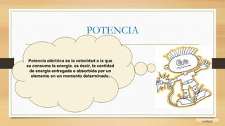 POTENCIA
volver
Potencia eléctrica es la velocidad a la que
se consume la energía. es decir, la cantidad
de energía entregada o absorbida por un
elemento en un momento determinado.
 