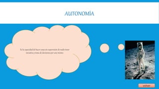 AUTONOMÍA
volver
Es la capacidad de hacer cosas sin supervisión de nadie tener
iniciativa y toma de decisiones por uno mismo.
 
