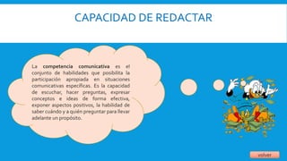 CAPACIDAD DE REDACTAR
volver
La competencia comunicativa es el
conjunto de habilidades que posibilita la
participación apropiada en situaciones
comunicativas específicas. Es la capacidad
de escuchar, hacer preguntas, expresar
conceptos e ideas de forma efectiva,
exponer aspectos positivos, la habilidad de
saber cuándo y a quién preguntar para llevar
adelante un propósito.
 