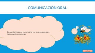 COMUNICACIÓN ORAL
volver
Es cuando tratas de comunicarte con otra persona para
hablar de distintos temas
 