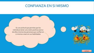 CONFIANZA EN SI MISMO
volver
Es una actitud que permite que los
individuos tener una visión positiva acerca
de ellos mismos las personas que confían en
si mismos creen en sus habilidades
 