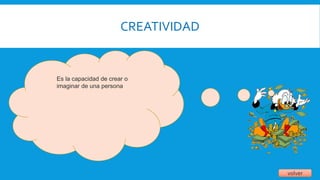 CREATIVIDAD
volver
Es la capacidad de crear o
imaginar de una persona
 