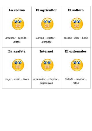 La cocina
preparar – comida –
platos
El agricultor
campo – tractor –
labrador
El soltero
casado – libre – boda
La azafata
mujer – avión – joven
Internet
ordenador – chatear –
página web
El ordenador
teclado – monitor –
ratón
 