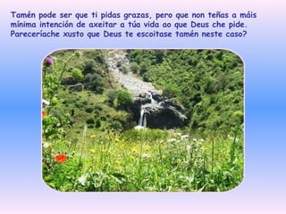 Tamén pode ser que ti pidas grazas, pero que non teñas a máis mínima intención de axeitar a túa vida ao que Deus che pide.  Pareceríache xusto que Deus te escoitase tamén neste caso?   