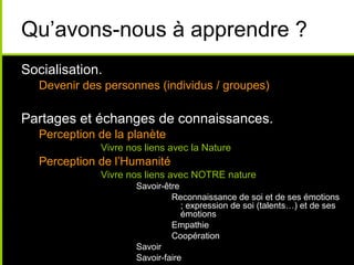 Qu’avons-nous à apprendre ?
Socialisation.
Devenir des personnes (individus / groupes)
Partages et échanges de connaissances.
Perception de la planète
Vivre nos liens avec la Nature
Perception de l’Humanité
Vivre nos liens avec NOTRE nature
Savoir-être
Reconnaissance de soi et de ses émotions
; expression de soi (talents…) et de ses
émotions
Empathie
Coopération
Savoir
Savoir-faire
 