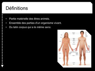 Définitions
• Partie matérielle des êtres animés.
• Ensemble des parties d'un organisme vivant.
• Du latin corpus qui a le même sens.
 