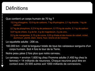Définitions
Que contient un corps humain de 70 kg ?
15,5 kg d'oxygène, 12,6 kg de carbone, 7 kg d'hydrogène, 2,1 kg d'azote, 1 kg de
calcium
0,7 kg de phosphore, 0,214 kg de potassium, 0,175 kg de soufre, 0,1 kg de sodium
0,07 kg de chlore, 3 g de fer, 3 g de magnésium, 2 g de zinc,
0,2 g de manganèse, 0,15 g de cuivre, 0,03 g d'iode,et des traces de cobalt, nickel,
aluminium, plomb, étain, titane, fluor, brome et de l'arsenic
Le squelette adulte : 206 os.
160.000 km : c'est la longueur totale de tous les vaisseaux sanguins d'un
corps humain, Soit 4 fois le tour de la Terre.
Notre peau pèse 2 fois plus que notre cerveau.
Le cerveau = environ 1,600 kg chez l'homme adulte (1,450 kg chez la
femme) = 14 milliards de neurones. Chaque neurone peut être en
contact avec 25 000 autres soit 1000 milliards de connexions.
 