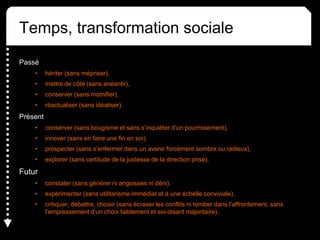 Temps, transformation sociale
Passé
• hériter (sans mépriser),
• mettre de côté (sans anéantir),
• conserver (sans momifier),
• réactualiser (sans idéaliser).
Présent
• conserver (sans bougisme et sans s’inquiéter d’un pourrissement),
• innover (sans en faire une fin en soi),
• prospecter (sans s’enfermer dans un avenir forcément sombre ou radieux),
• explorer (sans certitude de la justesse de la direction prise).
Futur
• constater (sans générer ni angoisses ni déni),
• expérimenter (sans utilitarisme immédiat et à une échelle conviviale),
• critiquer, débattre, choisir (sans écraser les conflits ni tomber dans l’affrontement, sans
l’empressement d’un choix faiblement et soi-disant majoritaire),
 