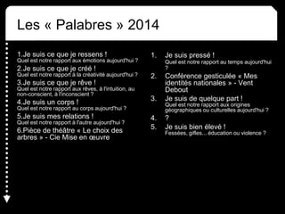 Les « Palabres » 2014
1.Je suis ce que je ressens !
Quel est notre rapport aux émotions aujourd'hui ?
2.Je suis ce que je créé !
Quel est notre rapport à la créativité aujourd'hui ?
3.Je suis ce que je rêve !
Quel est notre rapport aux rêves, à l'intuition, au
non-conscient, à l'inconscient ?
4.Je suis un corps !
Quel est notre rapport au corps aujourd'hui ?
5.Je suis mes relations !
Quel est notre rapport à l'autre aujourd'hui ?
6.Pièce de théâtre « Le choix des
arbres » - Cie Mise en œuvre
1. Je suis pressé !
Quel est notre rapport au temps aujourd'hui
?
2. Conférence gesticulée « Mes
identités nationales » - Vent
Debout
3. Je suis de quelque part !
Quel est notre rapport aux origines
géographiques ou culturelles aujourd'hui ?
4. ?
5. Je suis bien élevé !
Fessées, gifles... éducation ou violence ?
 