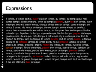 Expressions
à temps, à temps partiel, avoir tout son temps, au temps, au temps pour moi,
autres temps, autres mœurs, avoir du temps à perdre, avoir fait son temps, avoir
le temps, cela n’a qu’un temps, chaque chose en son temps, dans le temps, de
temps à autre, de temps en temps, de tout temps, en ce temps là, en deux
temps trois mouvements, en même temps, en temps et lieu, en temps ordinaire,
entre-temps, équation du temps, espace-temps, fin des temps, gagner du temps,
garde-temps, il est à peu près temps, il est temps, il y a un temps pour tout, la
plupart du temps, laps de temps, le temps dévore tout, le temps passe, le temps
perdu ne se rattrape jamais, le temps perdu ne se retrouve jamais, le temps
presse, le temps, c’est de l’argent, mettre du temps, mi-temps, nuit des temps,
passer le temps, flèche du temps, passer son temps, passe-temps, pendant ce
temps, perdre du temps, perdre son temps, pour un temps, prendre du bon
temps, prendre le temps comme il vient, prendre son temps, qui a temps a vie,
rattraper le temps perdu, se donner du bon temps, selon le temps, signes des
temps, temps de galop, temps mort, temps moyen, temps réel, tout vient à temps
à qui sait attendre, tuer le temps
 