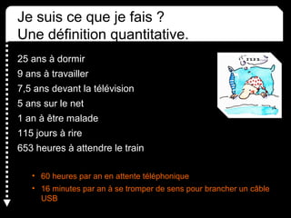 Je suis ce que je fais ? 
Une définition quantitative. 
25 ans à dormir 
9 ans à travailler 
7,5 ans devant la télévision 
5 ans sur le net 
1 an à être malade 
115 jours à rire 
653 heures à attendre le train 
• 60 heures par an en attente téléphonique 
• 16 minutes par an à se tromper de sens pour brancher un câble 
USB 
 