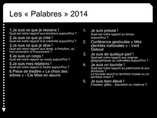 Les « Palabres » 2014 
1.Je suis ce que je ressens ! 
Quel est notre rapport aux émotions aujourd'hui ? 
2.Je suis ce que je créé ! 
Quel est notre rapport à la créativité aujourd'hui ? 
3.Je suis ce que je rêve ! 
Quel est notre rapport aux rêves, à l'intuition, au 
non-conscient, à l'inconscient ? 
4.Je suis un corps ! 
Quel est notre rapport au corps aujourd'hui ? 
5.Je suis mes relations ! 
Quel est notre rapport à l'autre aujourd'hui ? 
6.Pièce de théâtre « Le choix des 
arbres » - Cie Mise en oeuvre 
1. Je suis pressé ! 
Quel est notre rapport au temps 
aujourd'hui ? 
2. Conférence gesticulée « Mes 
identités nationales » - Vent 
Debout 
3. Je suis de quelque part ! 
Quel est notre rapport aux origines 
géographiques ou culturelles aujourd'hui ? 
4. Je suis un touriste ! 
Quel est notre rapport au patrimoine et aux 
territoires ? 
Le touriste veut-il un territoire musée ou un 
territoire vivant ? 
5. Je suis bien élevé ! 
Fessées, gifles... éducation ou violence ? 
 