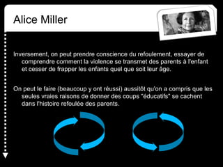 Alice Miller
Inversement, on peut prendre conscience du refoulement, essayer de
comprendre comment la violence se transmet des parents à l'enfant
et cesser de frapper les enfants quel que soit leur âge.
On peut le faire (beaucoup y ont réussi) aussitôt qu'on a compris que les
seules vraies raisons de donner des coups "éducatifs" se cachent
dans l'histoire refoulée des parents.
 