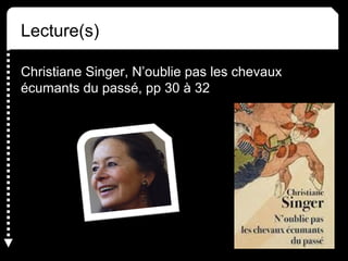 Lecture(s)
Christiane Singer, N’oublie pas les chevaux
écumants du passé, pp 30 à 32
 