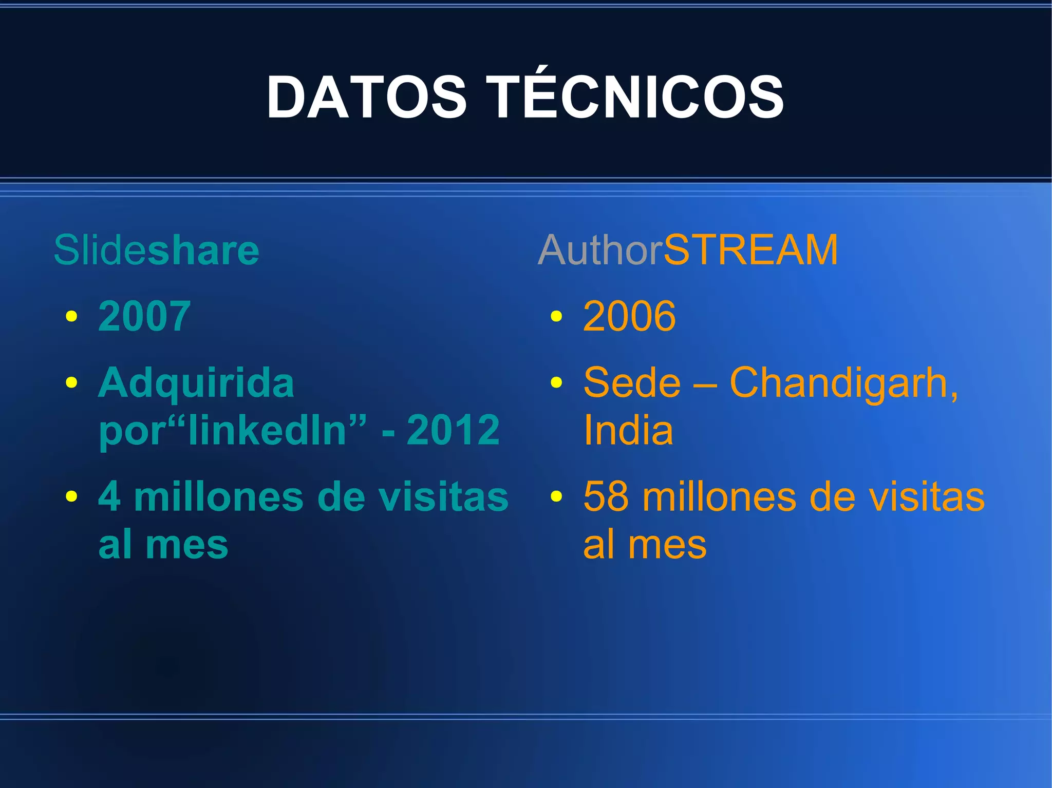 DATOS TÉCNICOS
Slideshare
●
●

●

2007
Adquirida
por“linkedIn” - 2012
4 millones de visitas
al mes

AuthorSTREAM
●
●

●

2006
Sede – Chandigarh,
India
58 millones de visitas
al mes

 