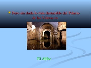   Pero sin duda lo más destacable del Palacio
                de las Veletas es:




                   El Aljibe
 