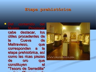 Etapa prehistórica


   Del contenido del
    Museo        Provincial
    cabe destacar, los
    útiles procedentes de
    la      Cueva       de
    Maltravieso,       que
    corresponden a la
    etapa prehistórica, así
    como las ricas piezas
    de       oro       que
    constituyen          el
    "Tesoro de Serradilla"
 