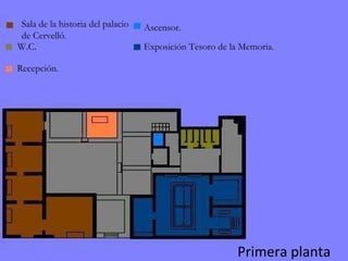 Primera planta Sala de la historia del palacio  de Cervelló . W.C. Recepción. Ascensor. Exposición Tesoro de la Memoria . 