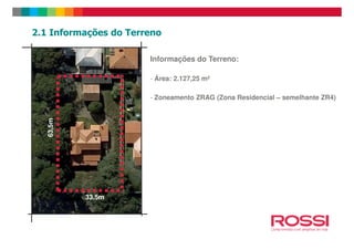 2.1 Informações do Terreno
Informações do Terreno:
- Área: 2.127,25 m²
- Zoneamento ZRAG (Zona Residencial – semelhante ZR4)
63,5m
33,5m
63,5m
 
