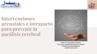 Intervenciones
prenatales e intraparto
para prevenir la
parálisis cerebral
MARTA PALACIOS GARCÍA
ESCUELA UNIVERSITARIA DE OSUNA
GRADO EN ENFERMERÍA
CURSO 2022-2023
 