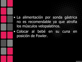 • La alimentación por sonda gástrica
  no es recomendable ya que atrofia
  los músculos velopalatinos.
• Colocar al bebé en su cuna en
  posición de Fowler.
 