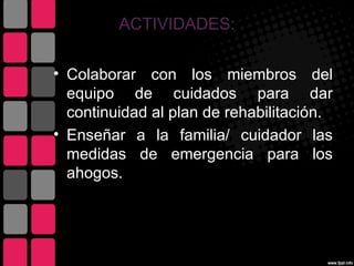 ACTIVIDADES:

• Colaborar con los miembros del
  equipo de cuidados para dar
  continuidad al plan de rehabilitación.
• Enseñar a la familia/ cuidador las
  medidas de emergencia para los
  ahogos.
 