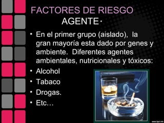 FACTORES DE RIESGO
     AGENTE.
• En el primer grupo (aislado), la
  gran mayoría esta dado por genes y
  ambiente. Diferentes agentes
  ambientales, nutricionales y tóxicos:
• Alcohol
• Tabaco
• Drogas.
• Etc…
 