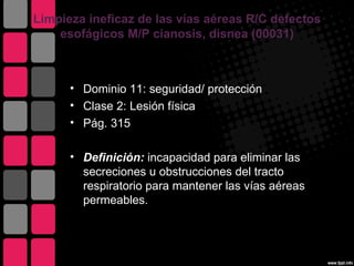 Limpieza ineficaz de las vías aéreas R/C defectos
    esofágicos M/P cianosis, disnea (00031)



      • Dominio 11: seguridad/ protección
      • Clase 2: Lesión física
      • Pág. 315

      • Definición: incapacidad para eliminar las
        secreciones u obstrucciones del tracto
        respiratorio para mantener las vías aéreas
        permeables.
 
