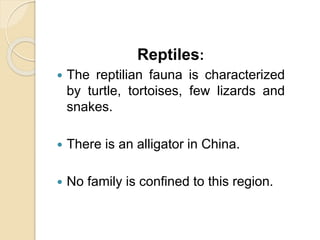 Reptiles:
 The reptilian fauna is characterized
by turtle, tortoises, few lizards and
snakes.
 There is an alligator in China.
 No family is confined to this region.
 