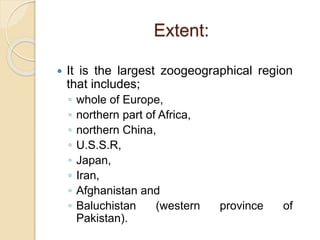 Extent:
 It is the largest zoogeographical region
that includes;
◦ whole of Europe,
◦ northern part of Africa,
◦ northern China,
◦ U.S.S.R,
◦ Japan,
◦ Iran,
◦ Afghanistan and
◦ Baluchistan (western province of
Pakistan).
 