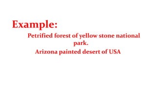 Example:
Petrified forest of yellow stone national
park.
Arizona painted desert of USA
 