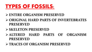 TYPES OF FOSSILS:
 ENTIRE ORGANISM PRESERVED
 ORIGINAL HARD PARTS OF INVERTEBRATES
PRESERVED
 SKELETON PRESERVED
 ALTERED HARD PARTS OF ORGANISM
PRESERVED
 TRACES OF ORGANISM PRESERVED
 