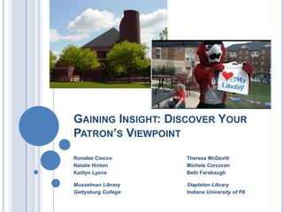 GAINING INSIGHT: DISCOVER YOUR
PATRON’S VIEWPOINT
Ronalee Ciocco       Theresa McDevitt
Natalie Hinton       Michele Corcoran
Kaitlyn Lyons        Beth Farabaugh

Musselman Library    Stapleton Library
Gettysburg College   Indiana University of PA
 