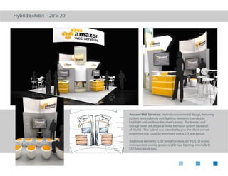 Rental Exhibit - 50’x 50’ island
Epic Aircraft: Low budget rental exhibit with
challenging show hall placement and large model
jet. A/V storage tower and semi-private conference
structures were designed with agam-like rental
system parts.
Additional elements: CORT / Lounge 22 rental
furniture, hanging sign, graphic banner stands
 