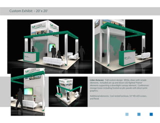 Hybrid Exhibit - 20’x 20’island
Amazon Web Services: Hybrid custom/rental design, featuring
custom kiosk cabinets with lighting elements intended to
highlight and reinforce the client’s brand. The theater and
storage closet are agam-like system rental. This hybrid was
intended to give the client owned properties that could be
amortized over a 2-3 year period.
Additional elements: Cort rental furniture, 65”HD LED screen,
incorporated overlay graphics, LED tape lighting, internally lit
LED fabric kiosk tops.
 