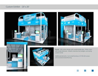 Custom Exhibit - 20’x 20’island
Sercel: Full custom design with rental double deck. White,
clean with simple elements and client’s primary pms color used
throughout. Large 3-d logo with halo lighting. Graphic intensive,
low budget, cost-saving custom purchase intended to give the
client owned properties that could be amortized over a 2-3 year
period.
Additional elements: Cort rental furniture, 52”HD LED screen,
and custom carpet inlay.
 