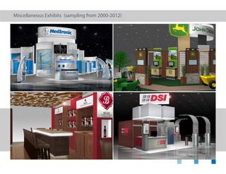 Custom Exhibit - 40’x 50’island
Matrix Fitness: Full custom design. This was in collaboration
with other designers @ Freeman. My challenge was to create
new elements that would fit into the existing branded look that
we had provided in past years for Matrix.
Additional elements: hanging“scoreboard”with screens, raised
wood laminate flooring with ramped edges on all sides for ADA,
hanging signs (existing) and stage lighting rig projecting lighted
logos.
 