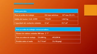 Datos generales
Peso en orden de trabajo 224 tons métricas 247 tons EE.UU.
Salida del motor: SAE J1995 778 kW 1.043 hp
Capacidad del cucharón estándar 12 m3 15,7 yd3
Peso en orden de trabajo: retroexcavadora
Pisones de cadena estándar 800 mm 2' 7"
Peso en orden de trabajo 224.000 kg 493.830 lb
Presión sobre el suelo 21,7 N/cm2 31,4 lb/pulg²
ESPECIFICACIONES
 