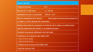 Sistema eléctrico
Voltaje del sistema 24 V
Baterías (12 V cada una) 6 × 210 Ah
Instalación en serie o en paralelo 630 Ah – 24 V
Relés de aislamiento de la batería: Interruptor de desconexión manual con
cerradura y relé de desconexión automática
Botones de parada de emergencia en el interior de la cabina, accesibles desde
todas las ubicaciones del asiento, y un módulo del motor
Parada de emergencia adicional a nivel del suelo
8 reflectores de trabajo de alto brillo LED
–6 para el área de trabajo
–2 para el extremo trasero
2 reflectores de acceso de alto brillo LED
7 luces de servicio LED
 