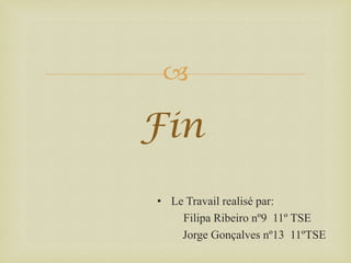 

Fin
• Le Travail realisé par:
Filipa Ribeiro nº9 11º TSE
Jorge Gonçalves nº13 11ºTSE

 