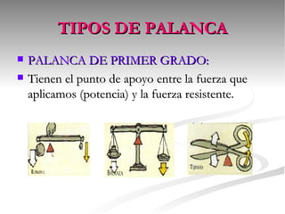 TIPOS DE PALANCA PALANCA DE PRIMER GRADO: Tienen el punto de apoyo entre la fuerza que aplicamos (potencia) y la fuerza resistente. 