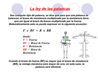 La ley de las palancas .  Sea cualquier tipo de palanca, se dice que para que una palanca se balancee, el brazo de resistencia multiplicado por la resistencia tiene que ser igual al brazo de fuerza multiplicado por la fuerza.  Matemáticamente esto se puede expresar en la siguiente ecuación:  Cuando el brazo de fuerza (BF) es mayor que el brazo de resistencia (BR), la ventaja mecánica será mayor de uno; en este caso, la palanca será eficiente  F  x  BF  =  R  x  BR donde:  F  =   Fuerza  BF  =   Brazo de Fuerza  R  =   Resistencia  BR  =   Brazo de Resistencia 