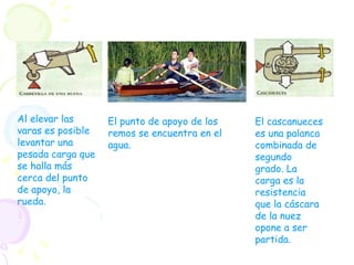 Al elevar las varas es posible levantar una pesada carga que se halla más cerca del punto de apoyo, la rueda.  El cascanueces es una palanca combinada de segundo grado. La carga es la resistencia que la cáscara de la nuez opone a ser partida. El punto de apoyo de los remos se encuentra en el agua. 