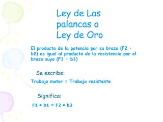 Se escribe: Significa:  Ley de Las palancas o Ley de Oro Trabajo motor = Trabajo resistente F1 • b1 = F2 • b2 El producto de la potencia por su brazo (F2 • b2) es igual al producto de la resistencia por el brazo suyo (F1 • b1) 