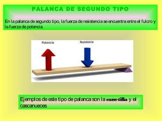 PALANCA DE SEGUNDO TIPO
En la palanca de segundo tipo, la fuerza de resistencia se encuentra entre el fulcro y
la fuerza de potencia.

Ejemplos de este tipo de palanca son la carretilla y el
cascanueces

 