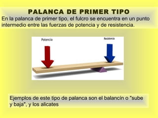 PALANCA DE PRIMER TIPO

En la palanca de primer tipo, el fulcro se encuentra en un punto
intermedio entre las fuerzas de potencia y de resistencia.

Ejemplos de este tipo de palanca son el balancín o "sube
y baja", y los alicates

 