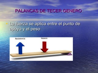 PALANCAS DE TECER GENEROPALANCAS DE TECER GENERO::
• La fuerza se aplica entre el punto deLa fuerza se aplica entre el punto de
apoyo y el pesoapoyo y el peso
 