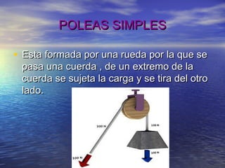 POLEAS SIMPLESPOLEAS SIMPLES
• Esta formada por una rueda por la que seEsta formada por una rueda por la que se
pasa una cuerda , de un extremo de lapasa una cuerda , de un extremo de la
cuerda se sujeta la carga y se tira del otrocuerda se sujeta la carga y se tira del otro
lado.lado.
 