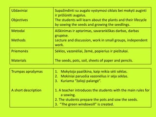 Uždaviniai
Objectives
Supažindinti su augalo vystymosi ciklais bei mokyti auginti
ir prižiūrėti augalus.
The students will learn about the plants and their lifecycle
by sowing the seeds and growing the seedlings.
Metodai
Methods
Aiškinimas ir aptarimas, savarankiškas darbas, darbas
grupėse.
Lecture and discussion, work in small groups, independent
work.
Priemonės
Materials
Sėklos, vazonėliai, žemė, popierius ir pieštukai.
The seeds, pots, soil, sheets of paper and pencils.
Trumpas aprašymas
A short description
1. Mokytoja paaiškina, kaip reikia sėti sėklas.
2. Mokiniai paruošia vazonėlius ir sėja sėklas.
3. Kuriama “žalioji palangė”.
1. A teacher introduces the students with the main rules for
a sowing.
2. The students prepare the pots and sow the seeds.
3. “The green windowsill” is created.
 
